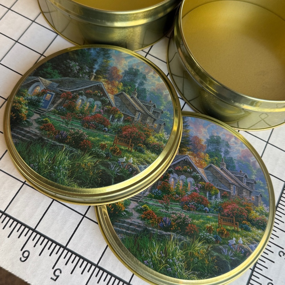 Vintage Cottage Garden Tin Set – Round Gold Interior Storage Tins – Decorative